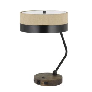 Metal Lined Fabric Shade Desk Lamp with Wooden Base, Beige and Black
