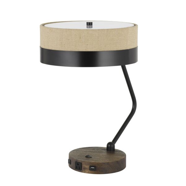 Metal Lined Fabric Shade Desk Lamp with Wooden Base, Beige and Black