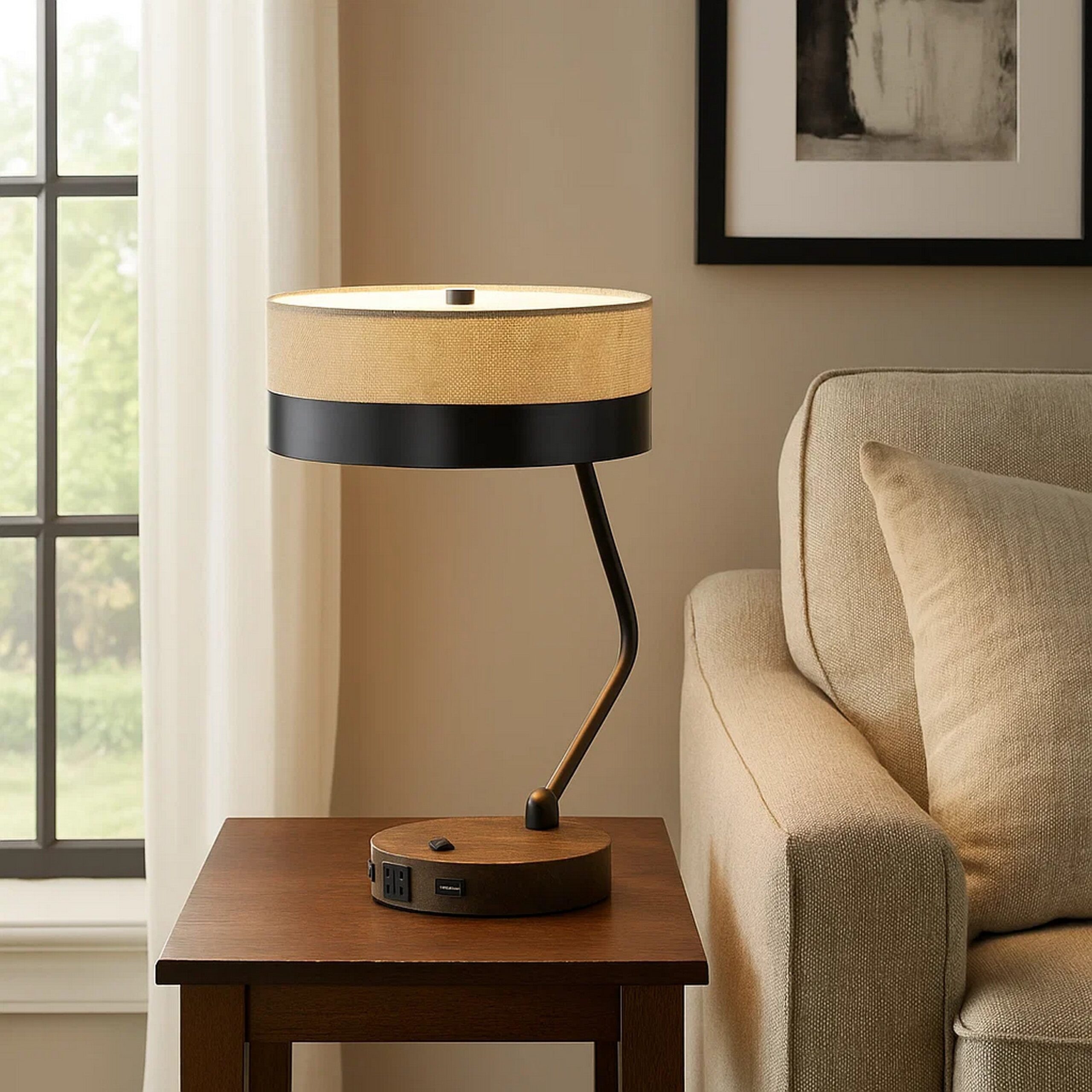 Metal Lined Fabric Shade Desk Lamp with Wooden Base, Beige and Black