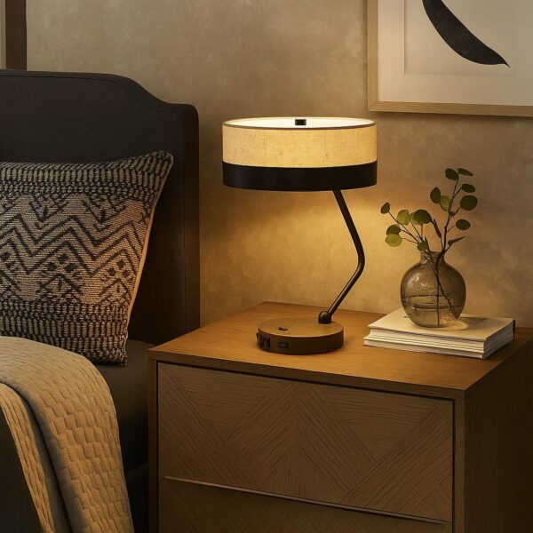 Metal Lined Fabric Shade Desk Lamp with Wooden Base, Beige and Black