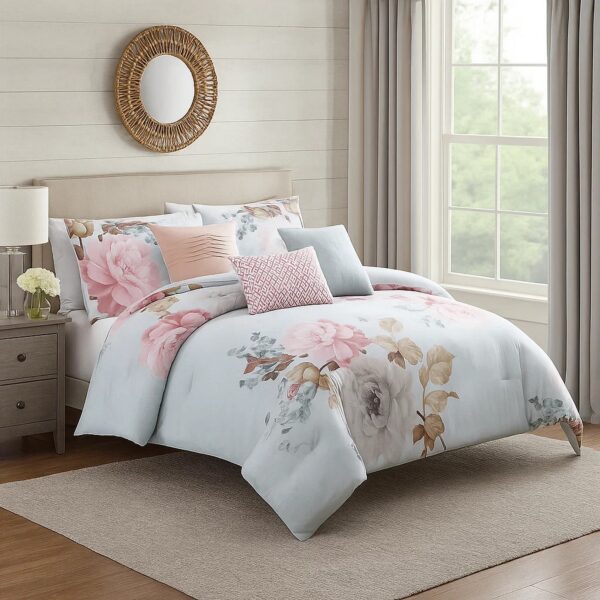 King Size 7 Piece Fabric Comforter Set with Floral Prints, Multicolor