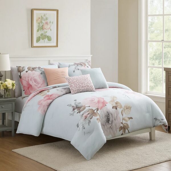 King Size 7 Piece Fabric Comforter Set with Floral Prints, Multicolor