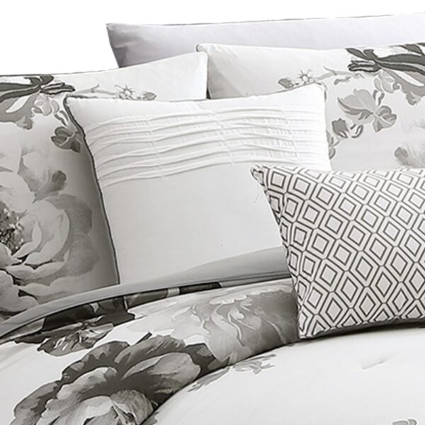 7 Piece Cotton King Comforter Set with Floral Print, Gray and White
