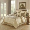 9 Piece Queen Polyester Comforter Set with Damask Print, Cream and Gold