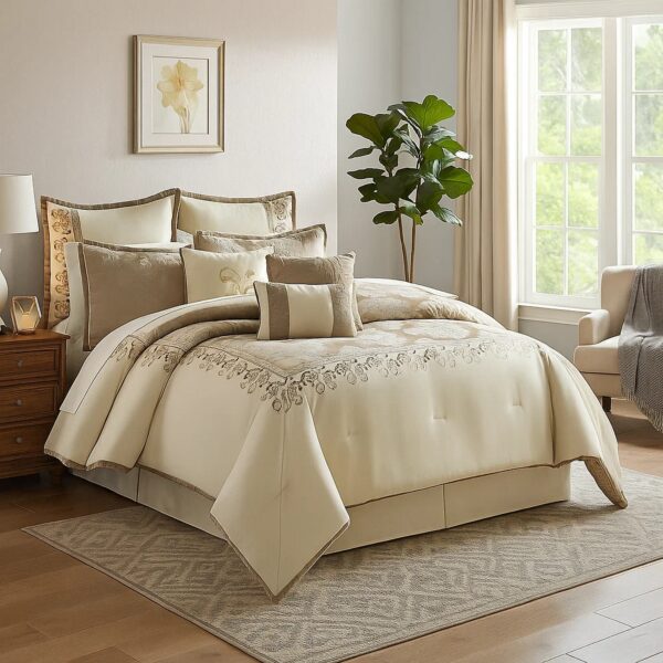 9 Piece Queen Polyester Comforter Set with Damask Print, Cream and Gold