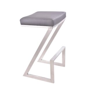 Z Shaped Metal Backless Barstool with Padded Seat, Silver and Gray