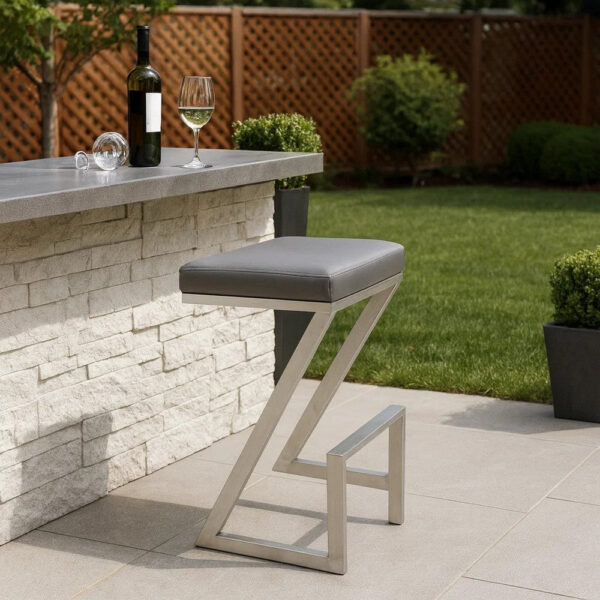 Z Shaped Metal Backless Barstool with Padded Seat, Silver and Gray