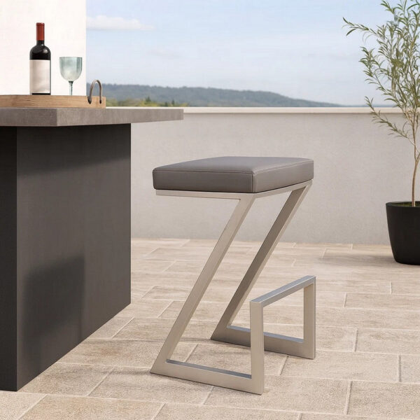 Z Shaped Metal Backless Barstool with Padded Seat, Silver and Gray