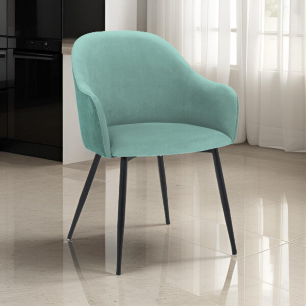23 Inch Modern Dining Chair, Curved Back, Polyester, Metal Legs, Teal Blue