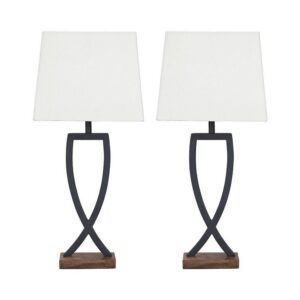Criss Cross Metal Table Lamp with Fabric Shade, Set of 2, Gray and White