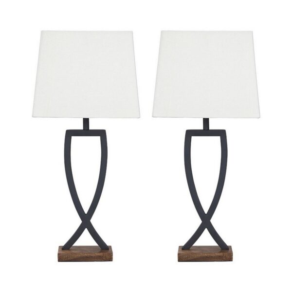 Criss Cross Metal Table Lamp with Fabric Shade, Set of 2, Gray and White