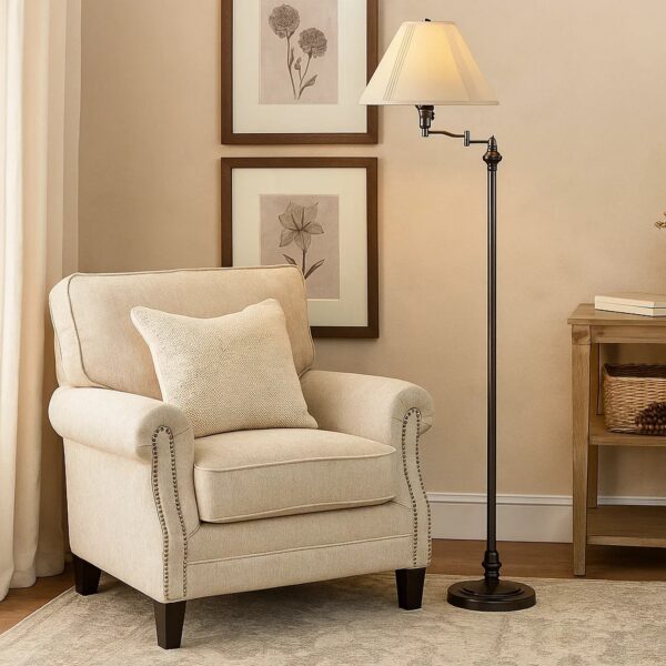 150 Watt Metal Floor Lamp with Swing Arm and Fabric Conical Shade, Black