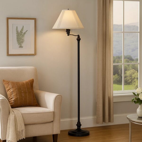 150 Watt Metal Floor Lamp with Swing Arm and Fabric Conical Shade, Black