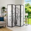 Wood and Paper 4 Panel Room Divider with Bamboo Print, White and Black