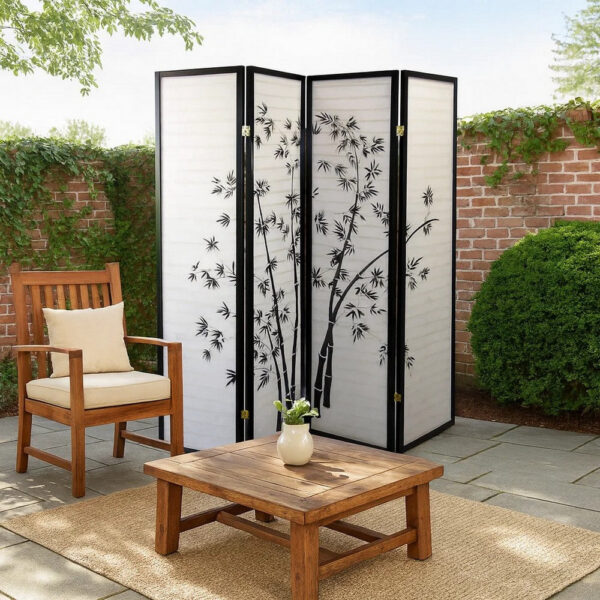 Wood and Paper 4 Panel Room Divider with Bamboo Print, White and Black