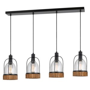Metal Pendant Fixture with 4 Lantern Design Glass Shade, Black and Clear