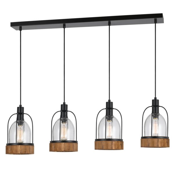 Metal Pendant Fixture with 4 Lantern Design Glass Shade, Black and Clear