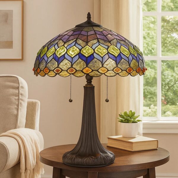 120 Watt Tiffany Table Lamp with Engraved Base, Multicolor