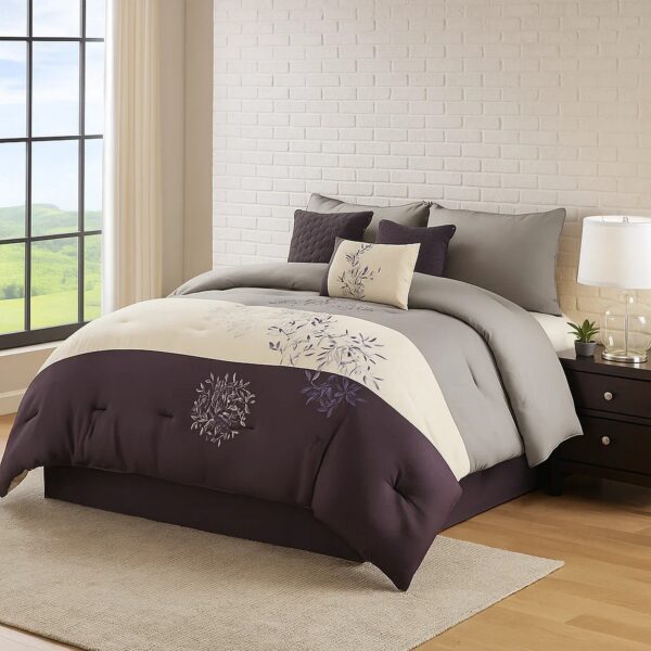 7 Piece King Polyester Comforter Set with Leaf Embroidery, Gray and Purple