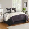 7 Piece King Polyester Comforter Set with Leaf Embroidery, Gray and Purple