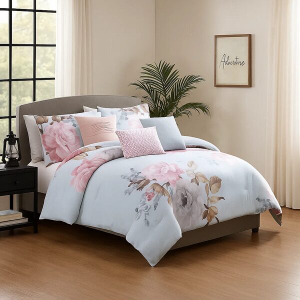 Queen Size 7 Piece Fabric Comforter Set with Floral Prints, Multicolor