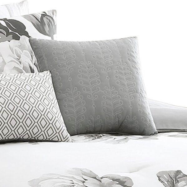 7 Piece Cotton Queen Comforter Set with Floral Print, Gray and White