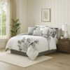 7 Piece Cotton Queen Comforter Set with Floral Print, Gray and White