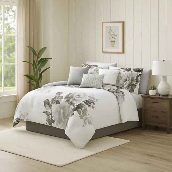 7 Piece Cotton Queen Comforter Set with Floral Print, Gray and White