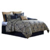 Nova 9 Piece Polyester Queen Comforter Set, Gold Damask Print, Navy Blue