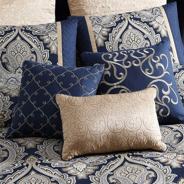 Nova 9 Piece Polyester Queen Comforter Set, Gold Damask Print, Navy Blue