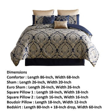 Nova 9 Piece Polyester Queen Comforter Set, Gold Damask Print, Navy Blue