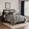 Nova 9 Piece Polyester Queen Comforter Set, Gold Damask Print, Navy Blue