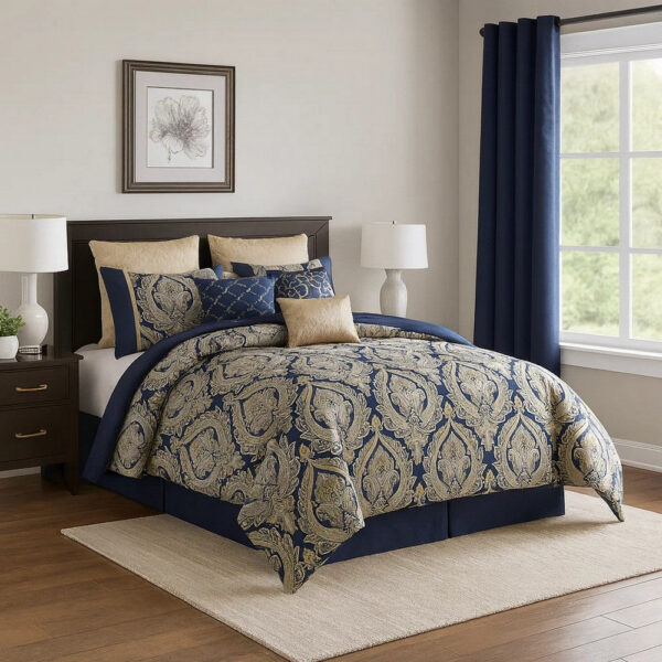 Nova 9 Piece Polyester Queen Comforter Set, Gold Damask Print, Navy Blue