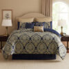 Nova 9 Piece Polyester Queen Comforter Set, Gold Damask Print, Navy Blue