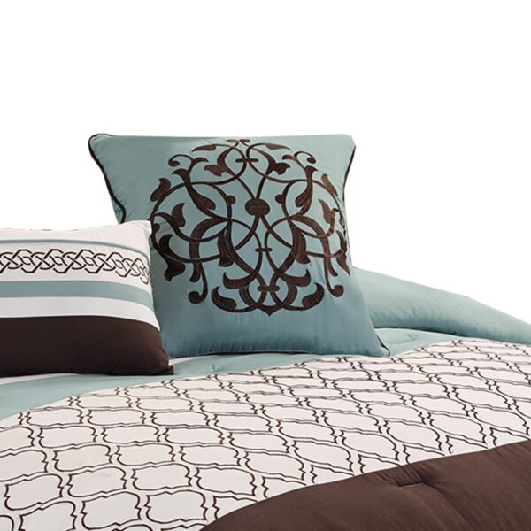 Quatrefoil King Size 8 Piece Fabric Comforter Set , Brown and Blue