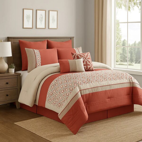8 Piece King Polyester Comforter Set with Geometric Embroidery, Orange