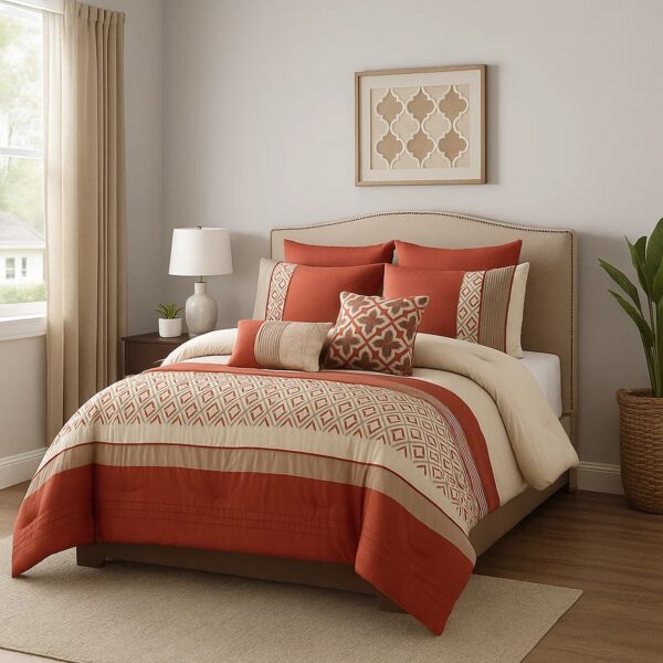8 Piece King Polyester Comforter Set with Geometric Embroidery, Orange