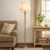 150 Watt 6 Way Metal Floor Lamp with Fabric Tapered Shade, Gold