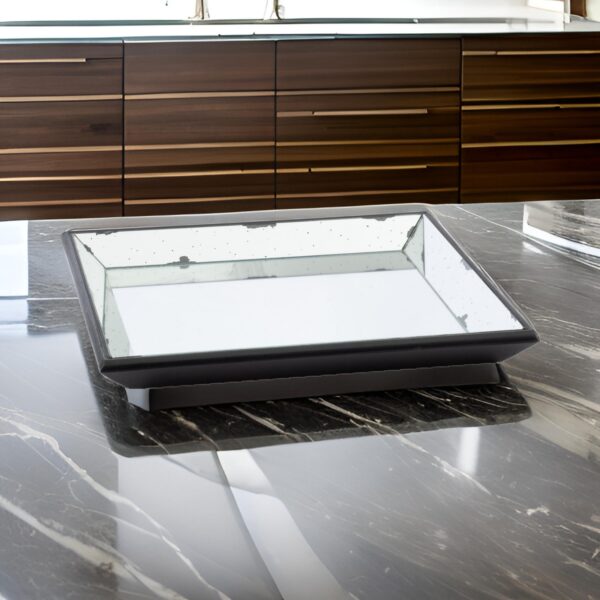24 Inch Square Decorative Tray with Mirrored Surface, Modern Style, Black