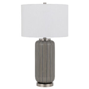29 Inch Ceramic Curved Table Lamp with Stripes, Dimmer, Gray