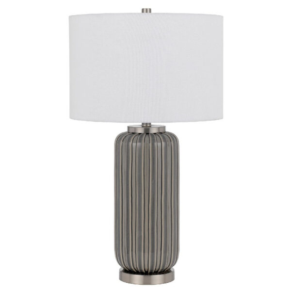 29 Inch Ceramic Curved Table Lamp with Stripes, Dimmer, Gray