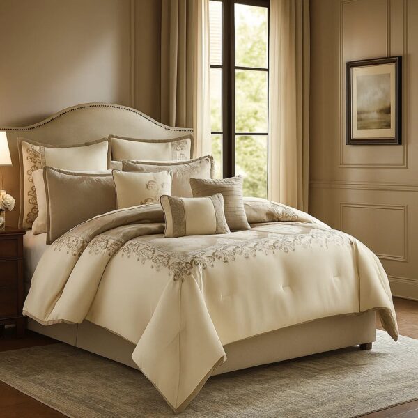 10 Piece King Polyester Comforter Set with Damask Print, Cream and Gold