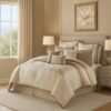 10 Piece King Polyester Comforter Set with Damask Print, Cream and Gold