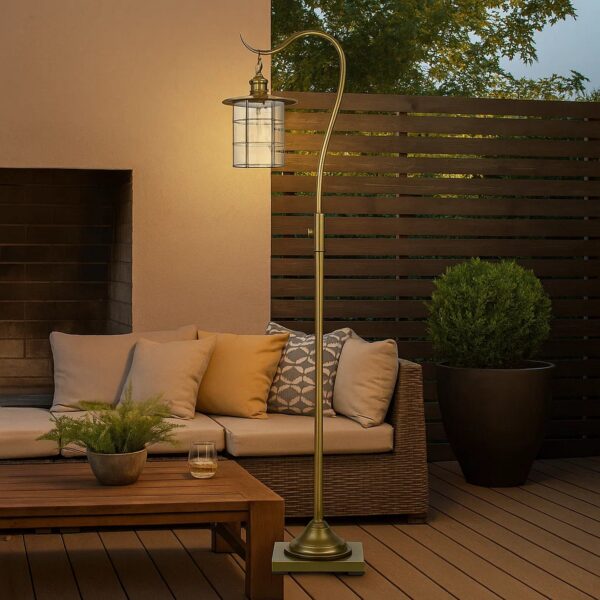 60 Inch Metal Downbridge Design Floor Lamp with Caged Shade, Antique Brass
