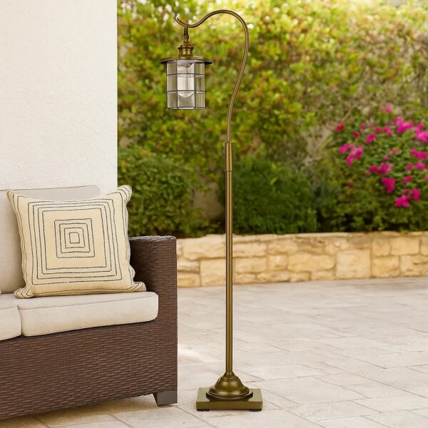 60 Inch Metal Downbridge Design Floor Lamp with Caged Shade, Antique Brass