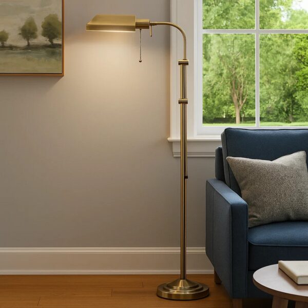 Metal Rectangular Floor Lamp with Adjustable Pole, Gold