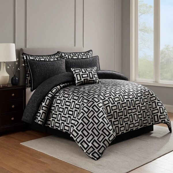 6 Piece Polyester King Comforter Set with Geometric Print, Gray and Black