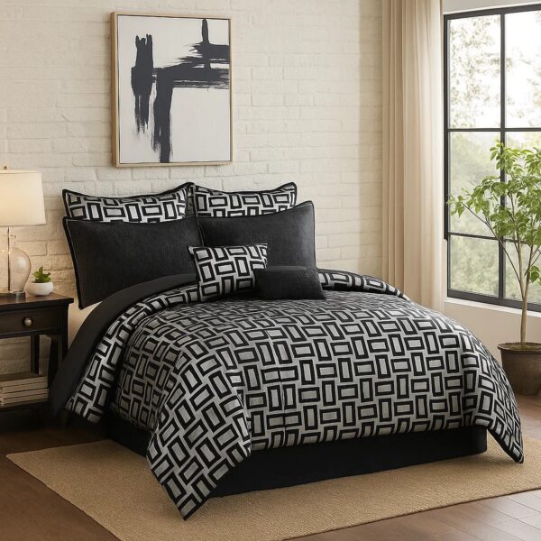 6 Piece Polyester King Comforter Set with Geometric Print, Gray and Black