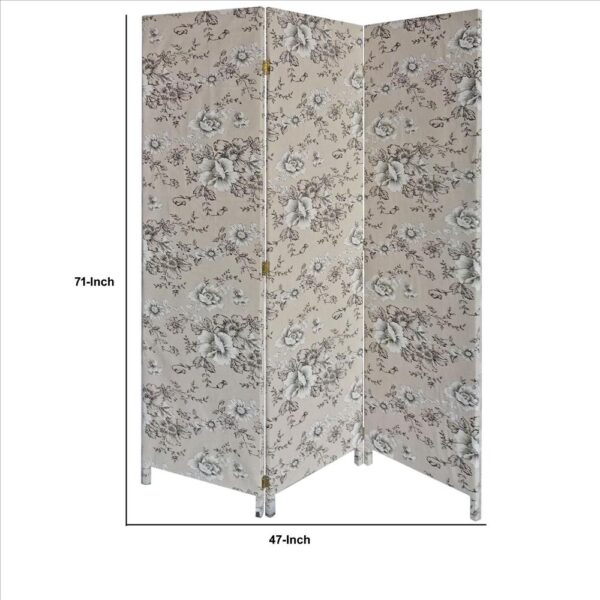 71 Inch 3 Panel Fabric Room Divider with Floral Print, Gray