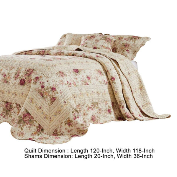 Rosle 3 Piece King Bedspread Set, Floral Print, Scalloped, Cream, Pink